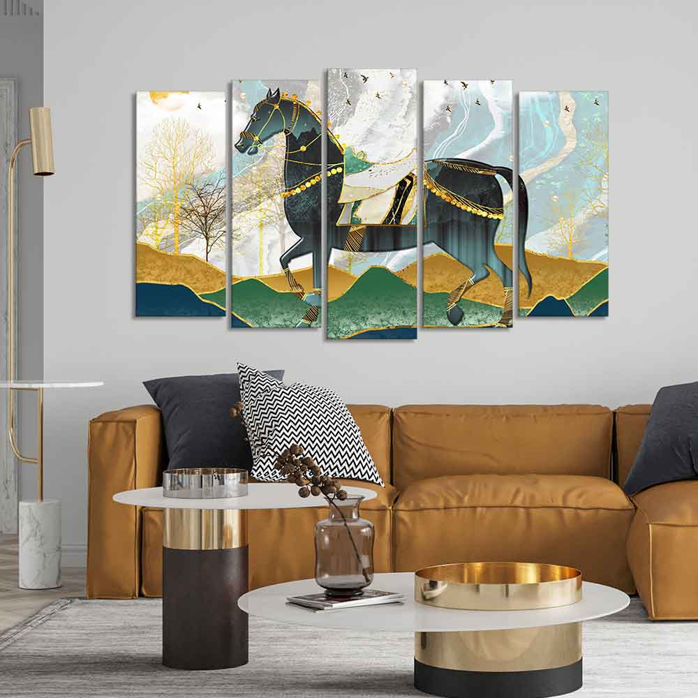 Premium Wall Painting of Horse and Golden trees of Five Pieces