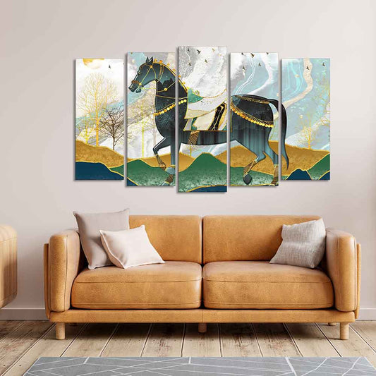 Premium Wall Painting of Horse and Golden trees of Five Pieces