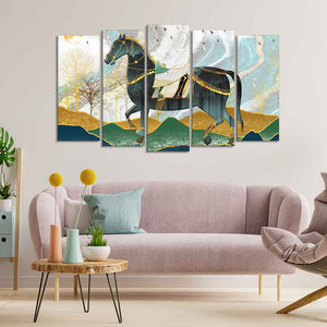 Premium Wall Painting of Horse and Golden trees of Five Pieces