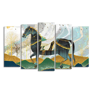 Premium Wall Painting of Horse and Golden trees of Five Pieces