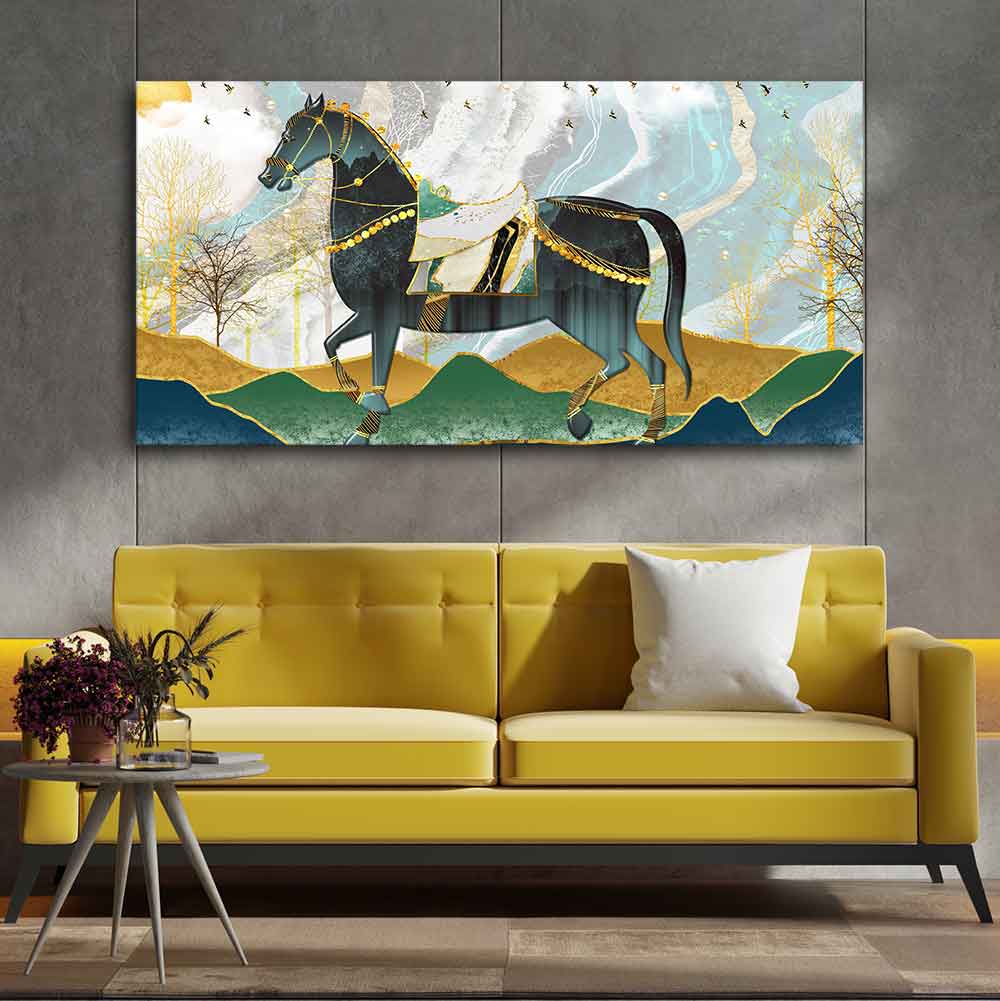 Premium Wall Painting of Horse and Golden trees with Colored Mountains