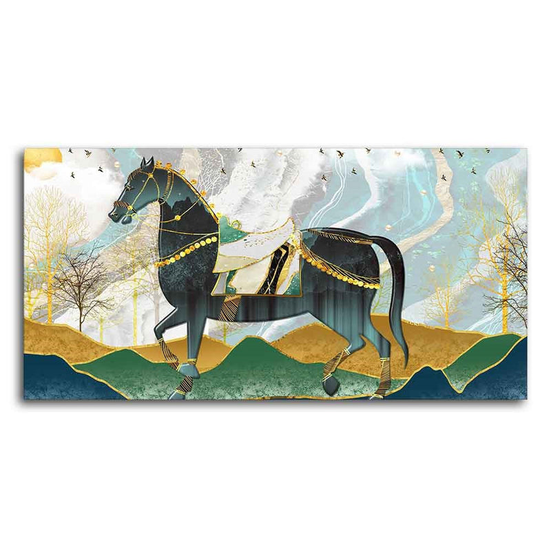 Premium Wall Painting of Horse and Golden trees with Colored Mountains