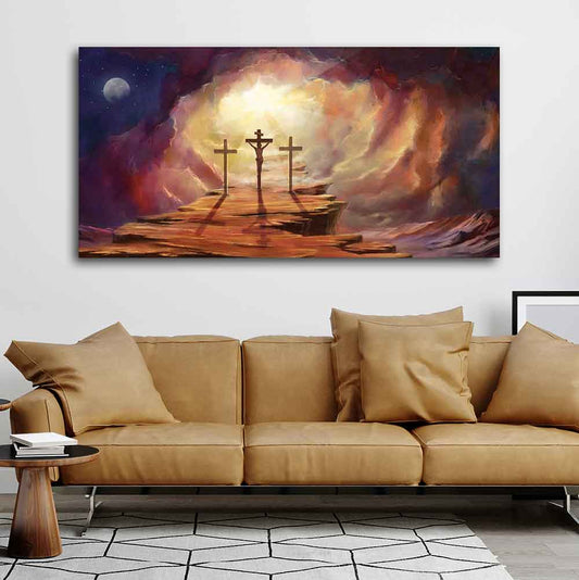 Premium Wall Painting of Jesus Cross with Moon Dark Background