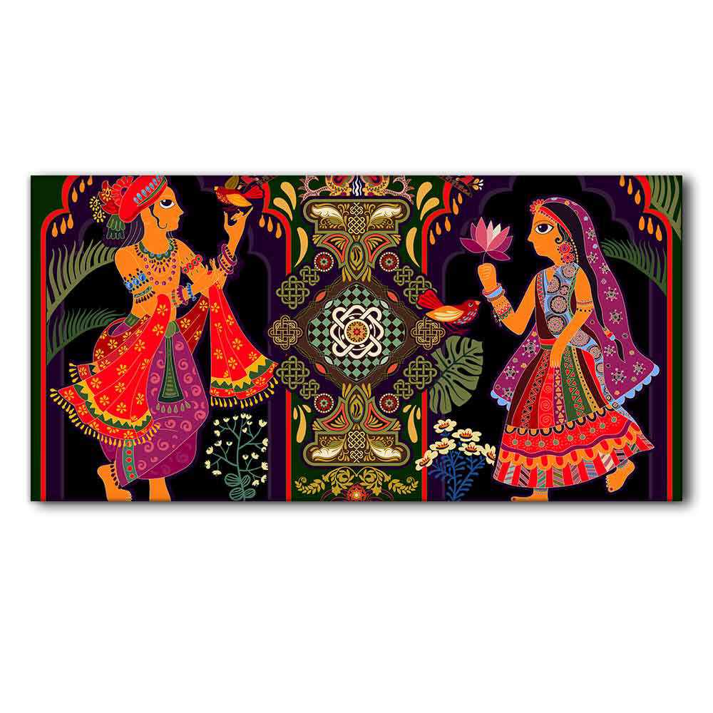 Premium Wall Painting of Man and Woman in Garden Rajasthani Pictorial Art