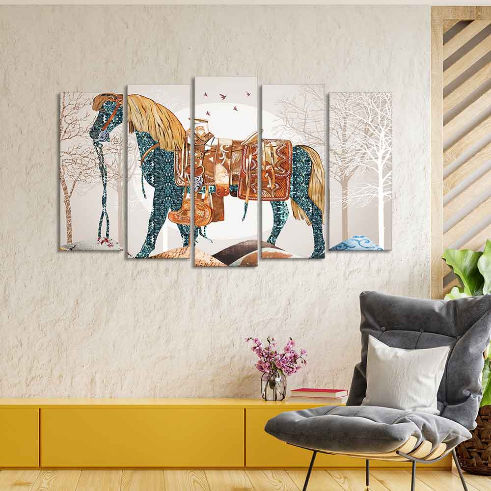 Premium Wall Painting of Patterned Horse of Five Pieces