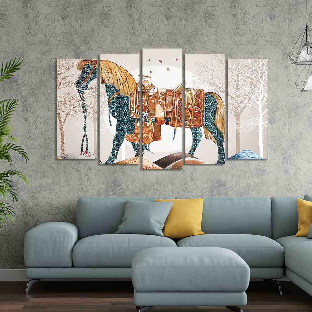 Premium Wall Painting of Patterned Horse of Five Pieces