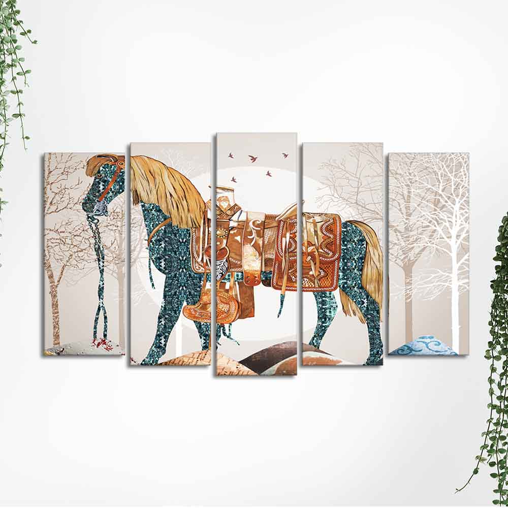 Premium Wall Painting of Patterned Horse of Five Pieces