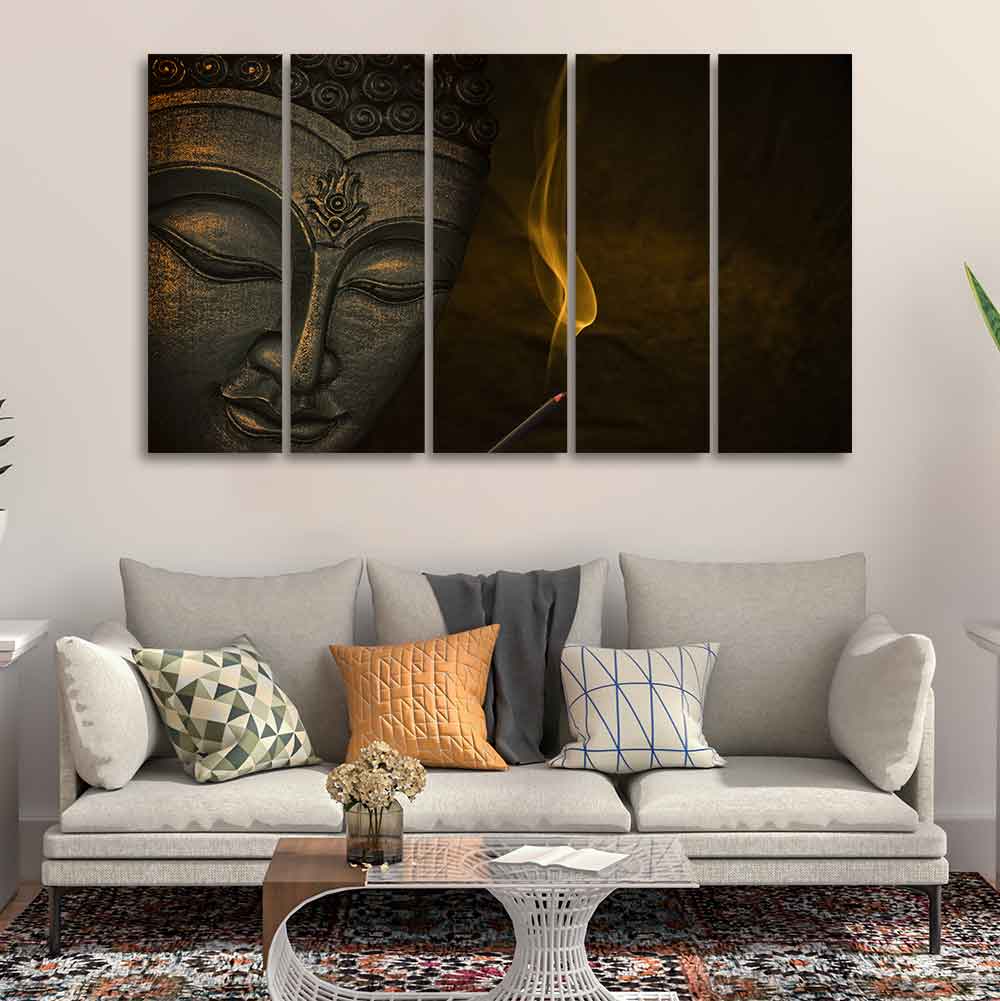 Premium Wall Painting of Peaceful Lord Buddha Sculpture Set of Five