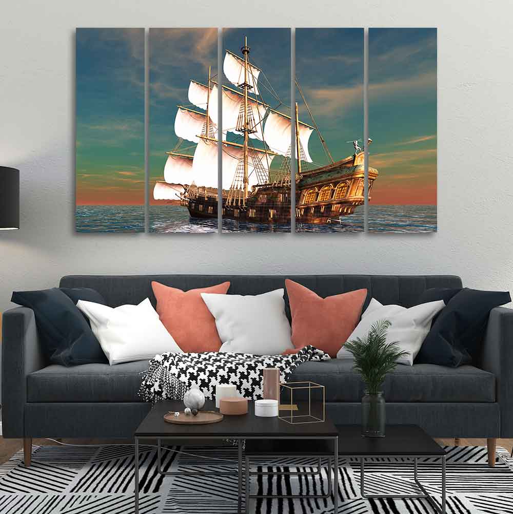 Premium Wall Painting of Ship on the Ocean Five Pieces