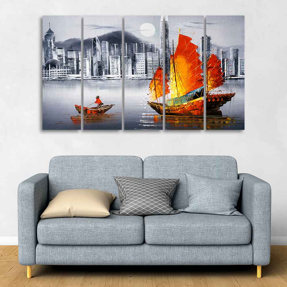 Premium Wall Painting of Victoria Harbor, Hong Kong Set of Five