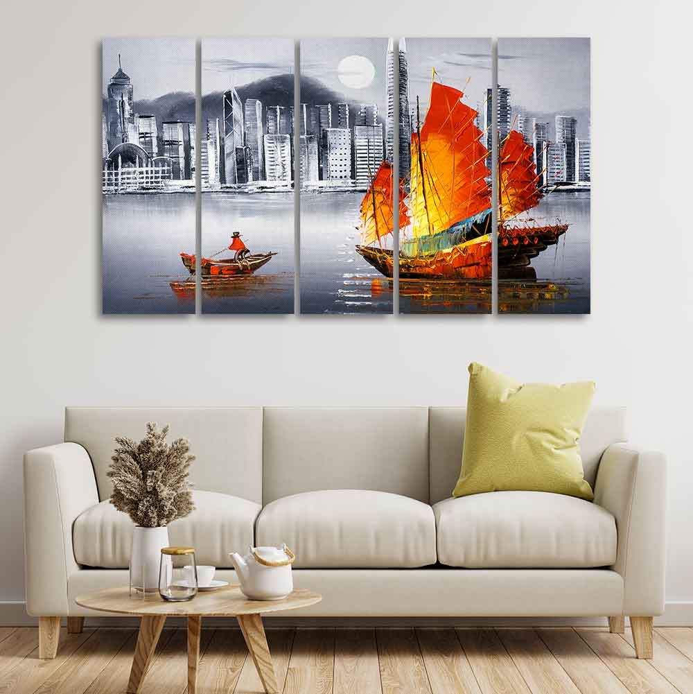 Premium Wall Painting of Victoria Harbor, Hong Kong Set of Five