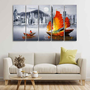 Premium Wall Painting of Victoria Harbor, Hong Kong Set of Five