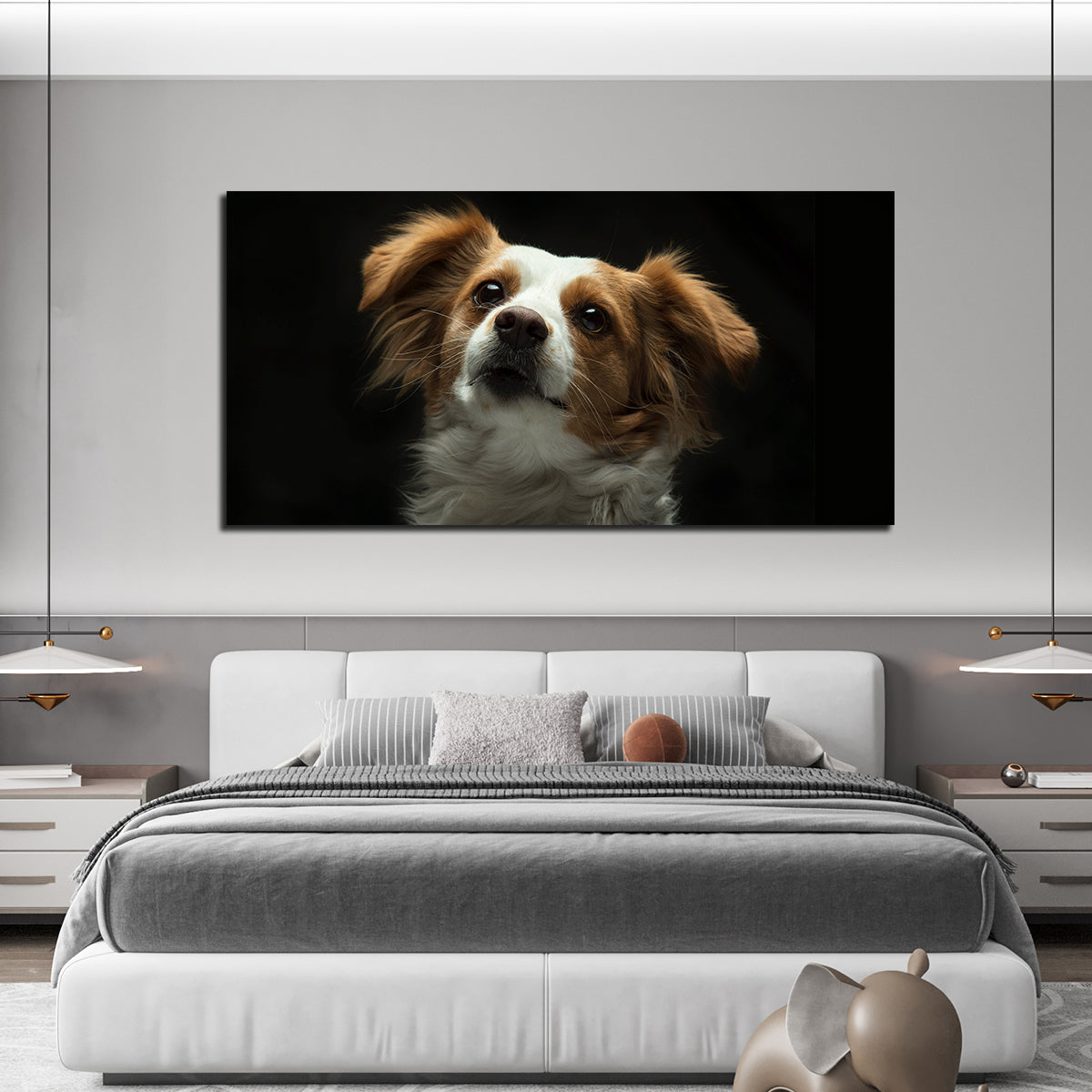 Premium Wall Painting of White and Brown Long Coat Puppy