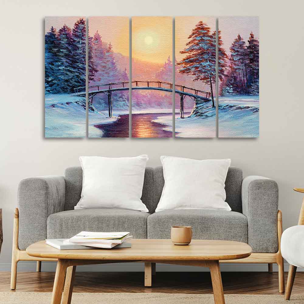 Premium Wall Painting of Winter Landscape with the River Set of Five