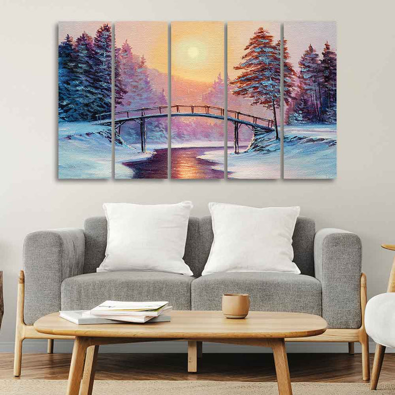 Premium Wall Painting of Winter Landscape with the River Set of Five