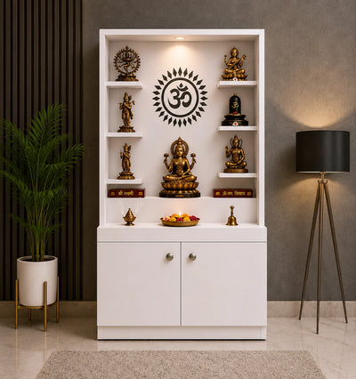 Premium White Finish Wooden Floor Temple with Spacious Storage Cabinet for Home & Office Spaces