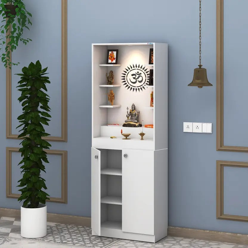 Premium White Finish Wooden Floor Temple with Spacious Storage Cabinet for Home & Office Spaces