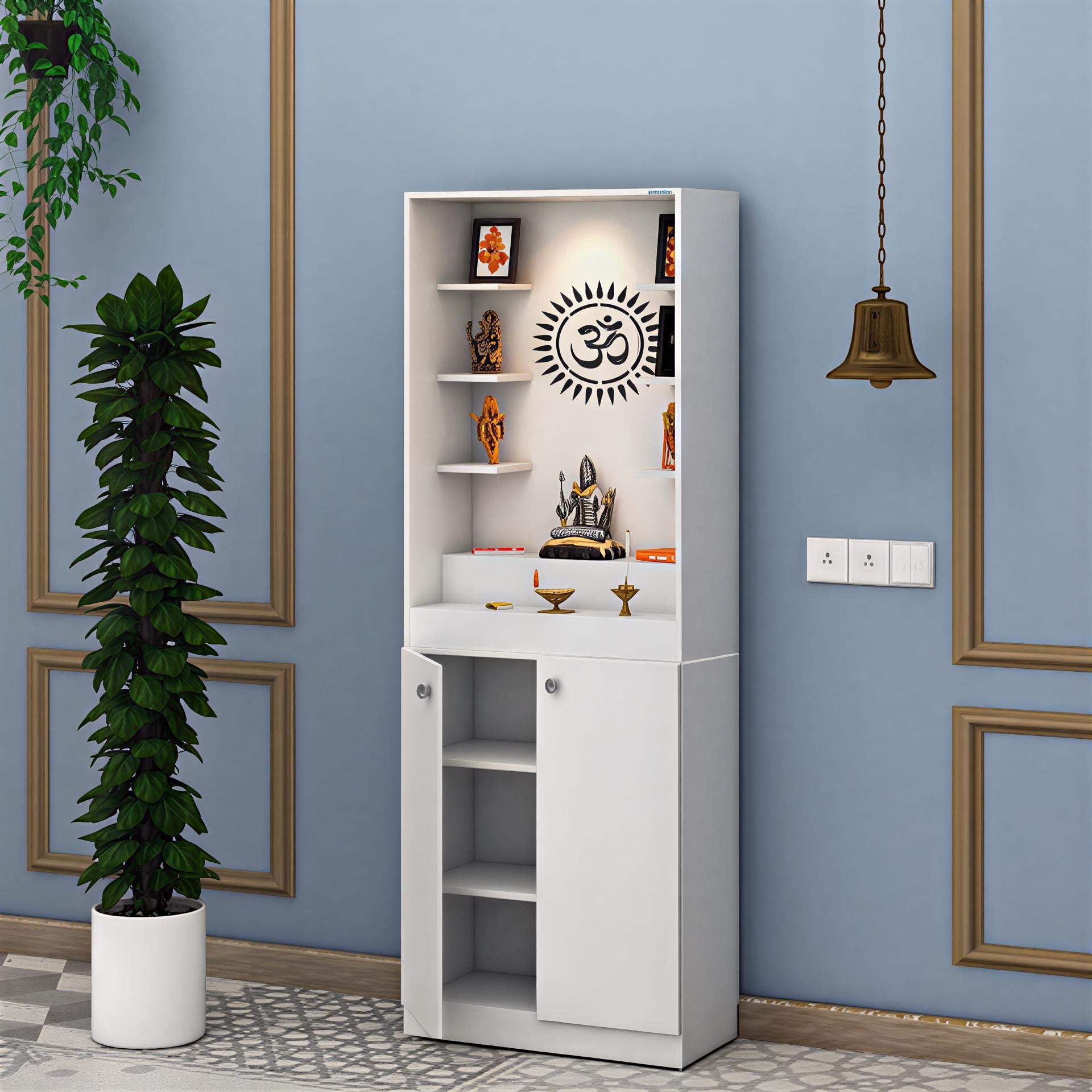 Premium White Finish Wooden Floor Temple with Spacious Storage Cabinet for Home & Office Spaces
