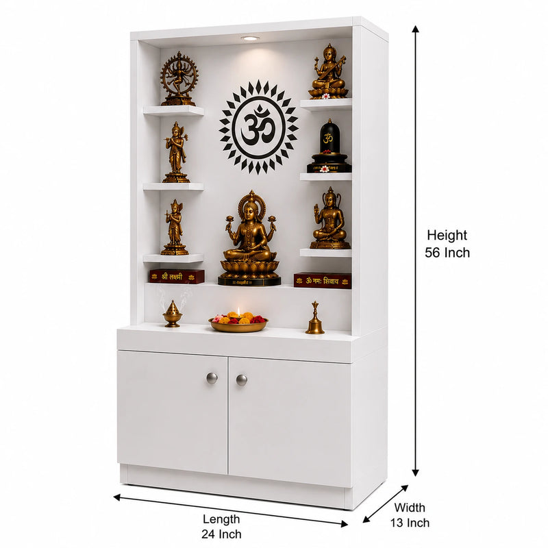 Premium White Finish Wooden Floor Temple with Spacious Storage Cabinet for Home & Office Spaces
