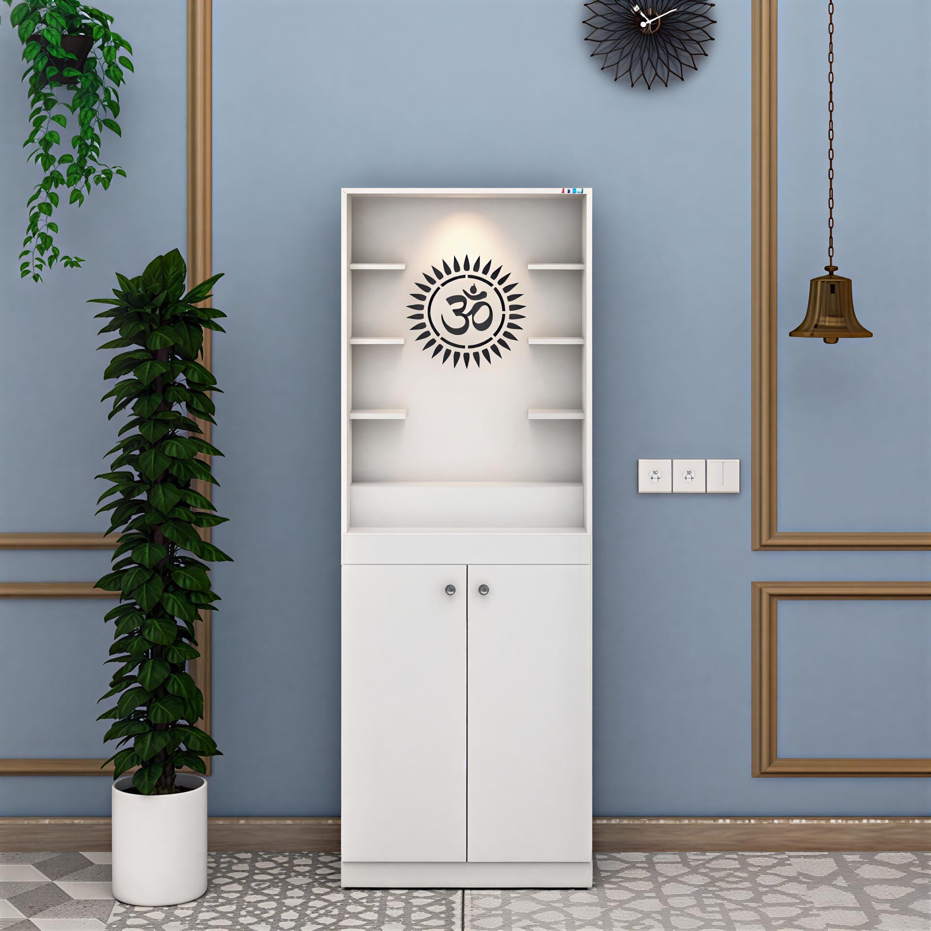 Premium White Finish Wooden Floor Temple with Spacious Storage Cabinet for Home & Office Spaces