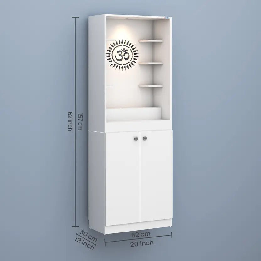 Premium White Finish Wooden Floor Temple with Spacious Storage Cabinet for Home & Office Spaces