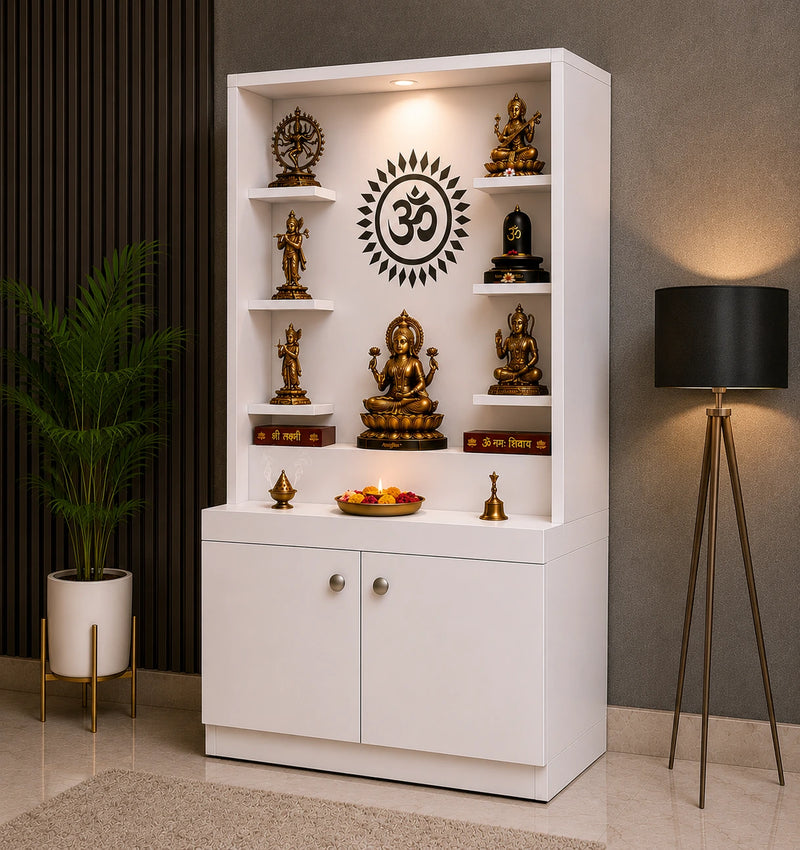 Premium White Finish Wooden Floor Temple with Spacious Storage Cabinet for Home & Office Spaces