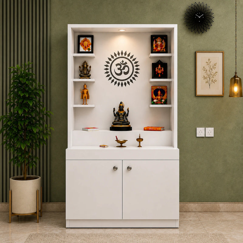 Premium White Finish Wooden Floor Temple with Spacious Storage Cabinet for Home & Office Spaces