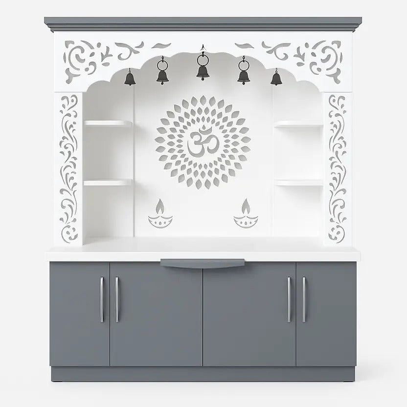 Premium White & Grey Wooden Floor Temple with Bells & Storage Space for Home