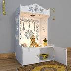 Premium White Wooden Floor Pooja Mandir with Laser-Cut Om Design & Storage Cabinet