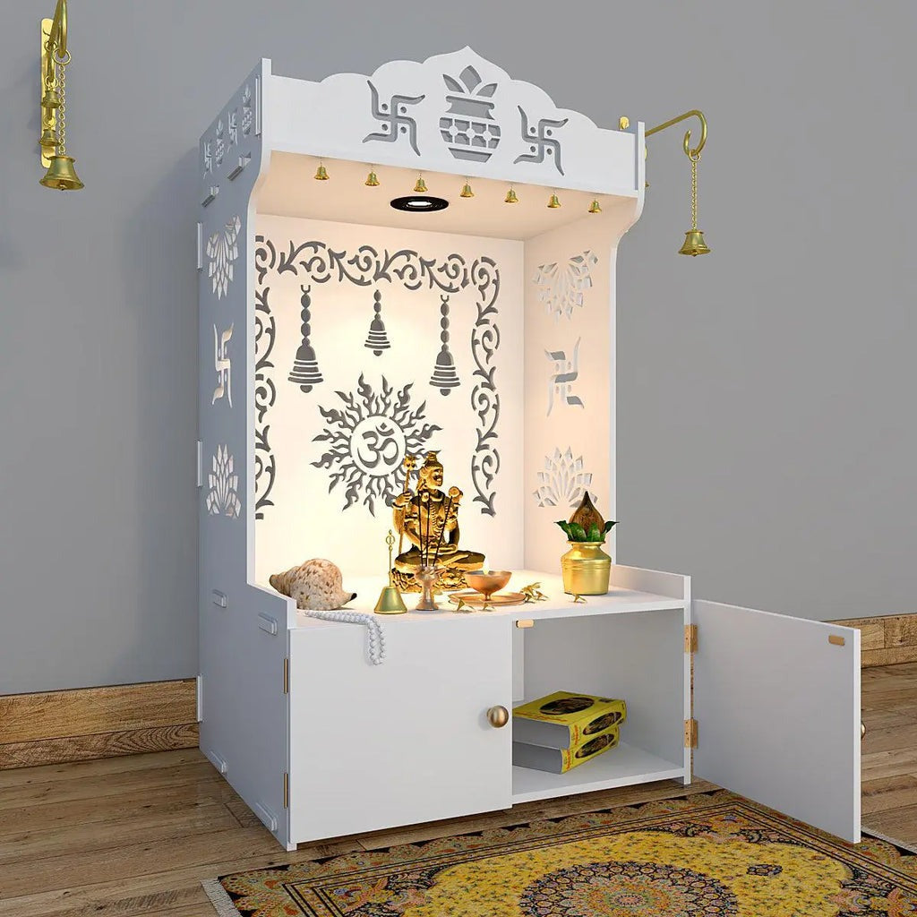 Premium White Wooden Floor Pooja Mandir with Laser-Cut Om Design & Storage Cabinet