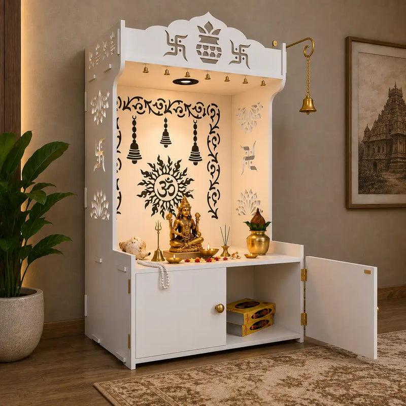 Premium White Wooden Floor Pooja Mandir with Laser-Cut Om Design & Storage Cabinet
