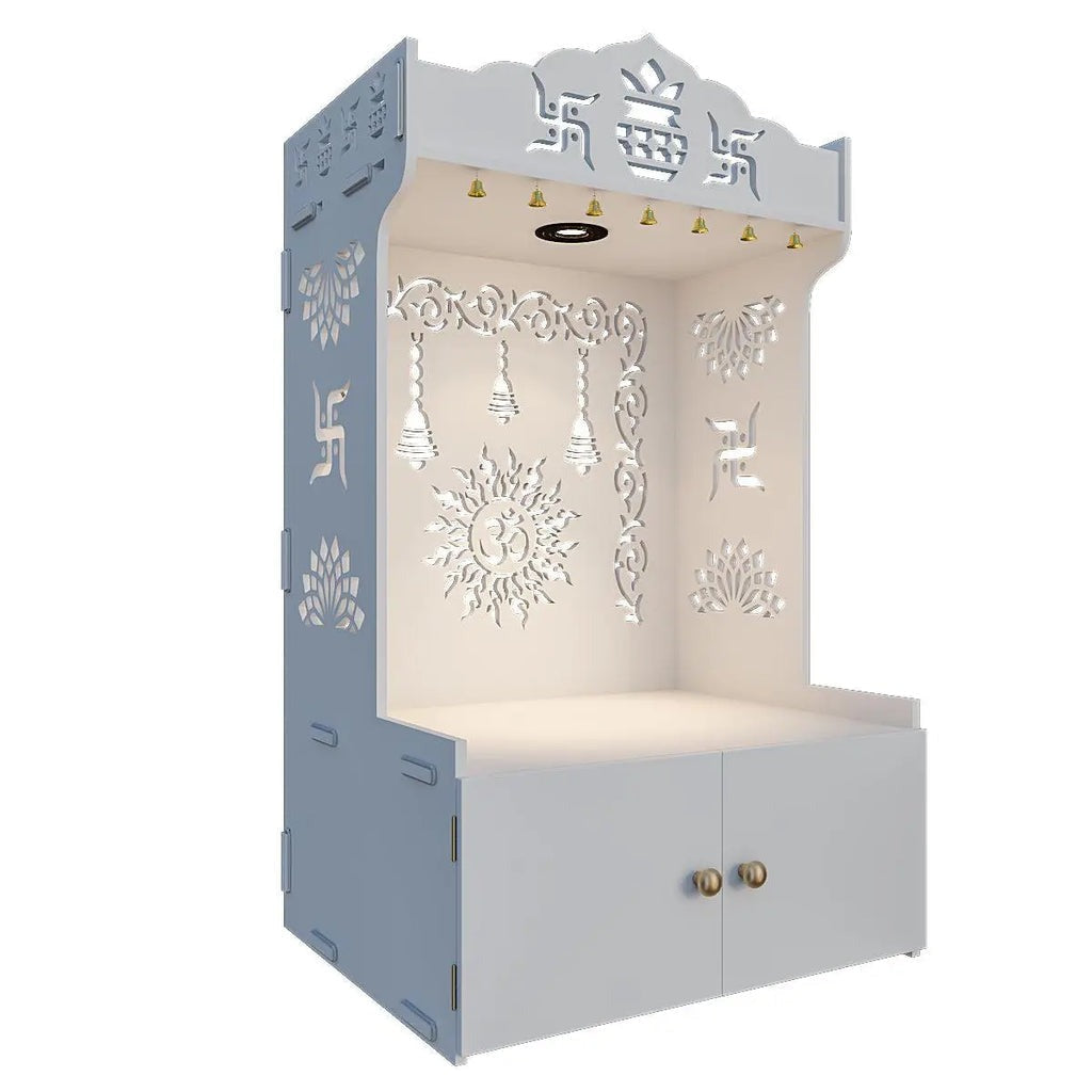 Premium White Wooden Floor Pooja Mandir with Laser-Cut Om Design & Storage Cabinet