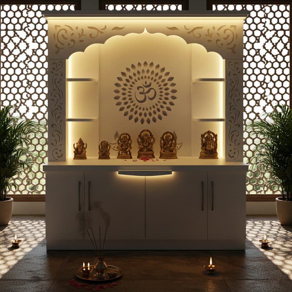 Premium White Wooden Floor Temple with Storage Space for Home