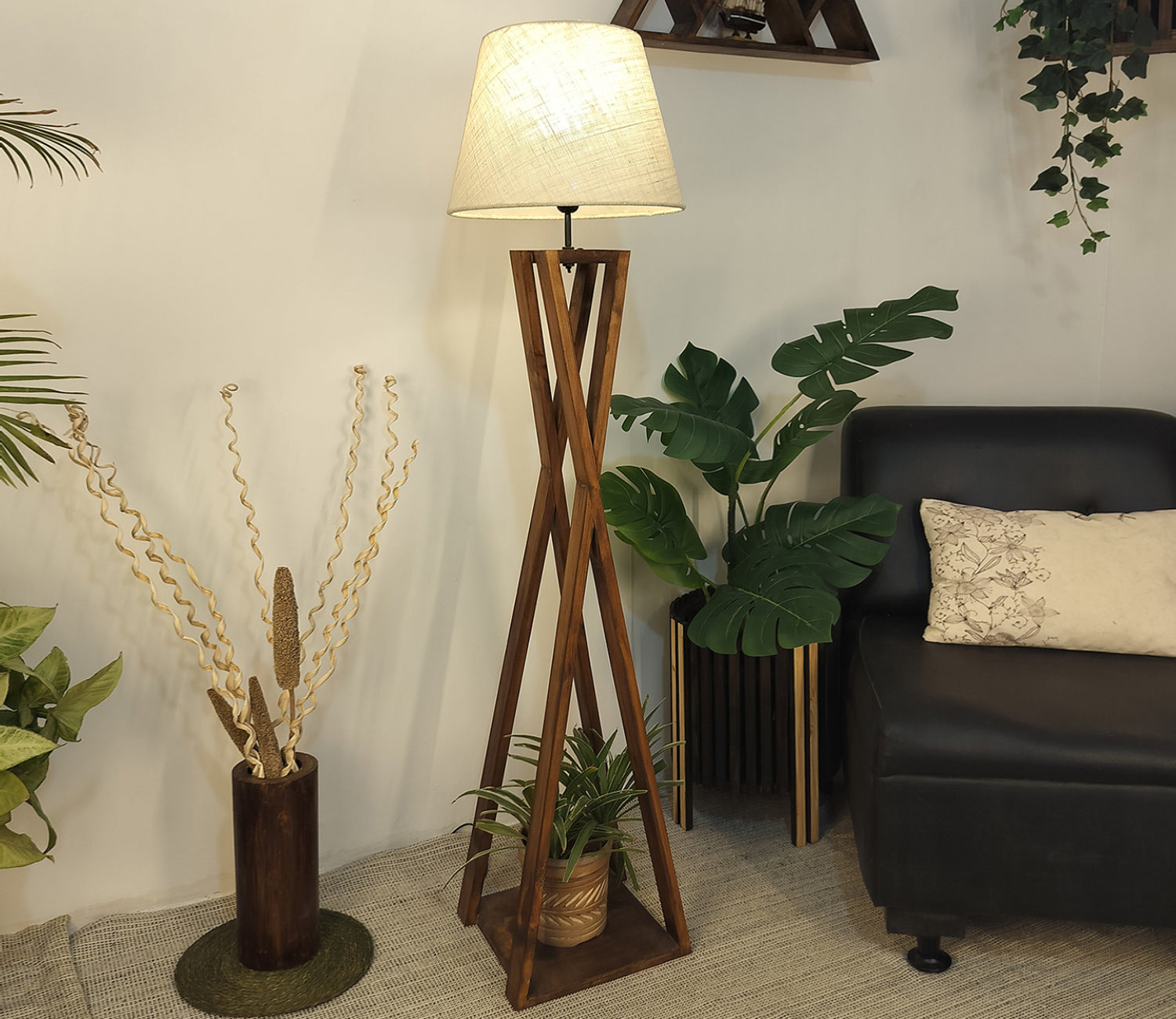 Premium Wooden Decorative Beige Color Fabric Lampshade Floor Lamp