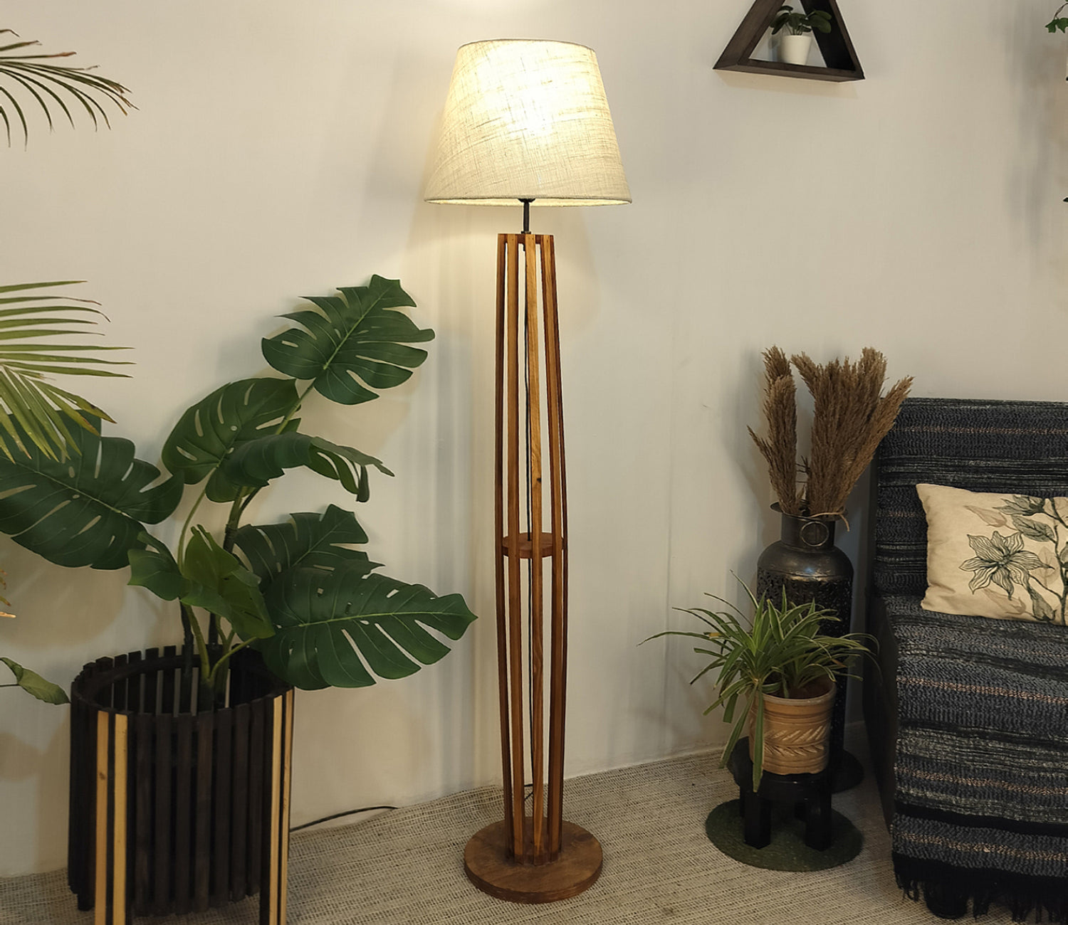 Premium Wooden Floor Lamp with Brown Base and Beige Fabric Lampshade