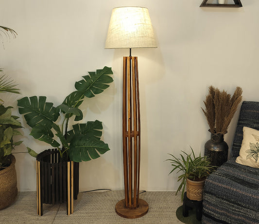 Premium Wooden Floor Lamp with Brown Base and Beige Fabric Lampshade