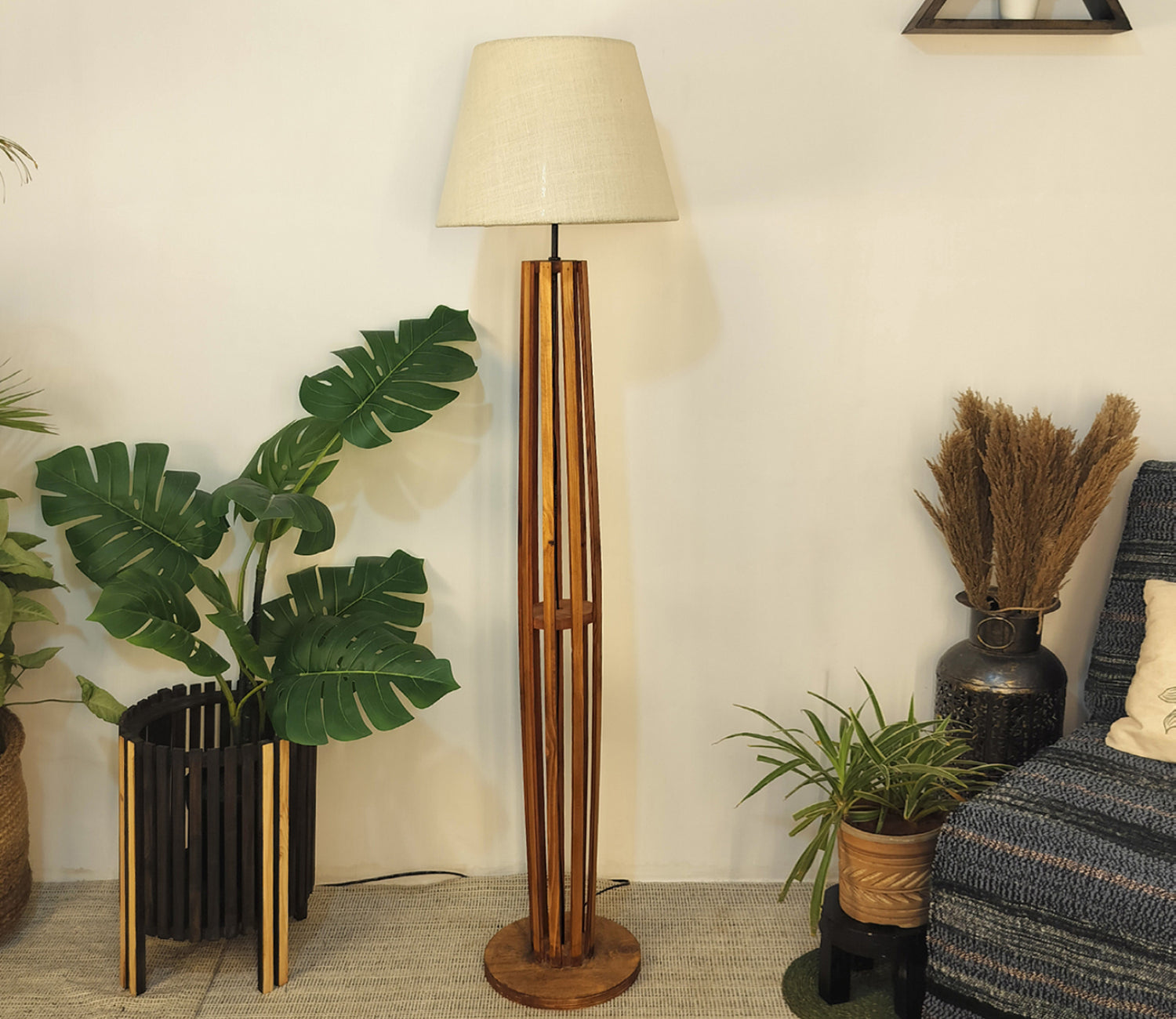 Premium Wooden Floor Lamp with Brown Base and Beige Fabric Lampshade