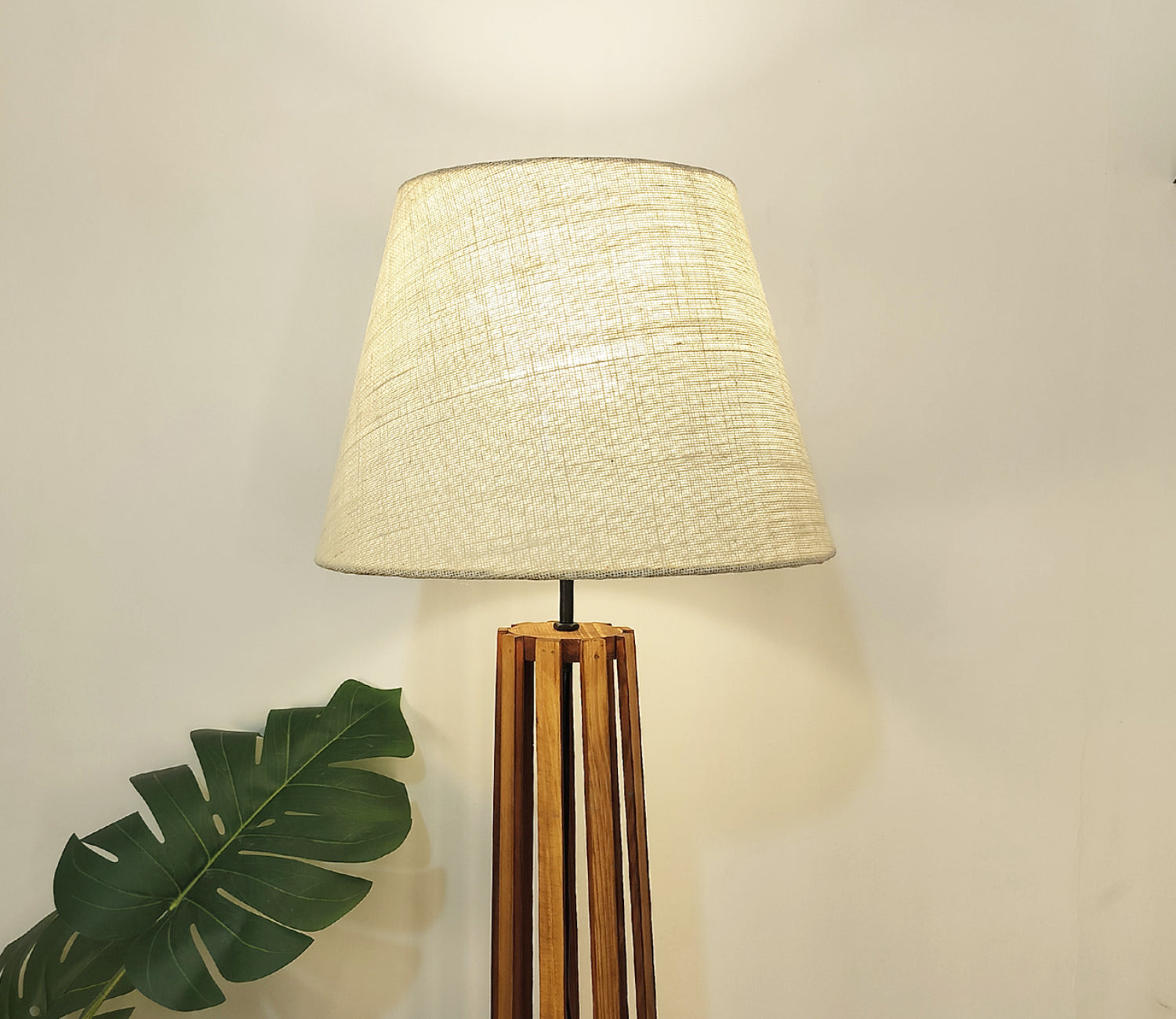 Premium Wooden Floor Lamp with Brown Base and Beige Fabric Lampshade