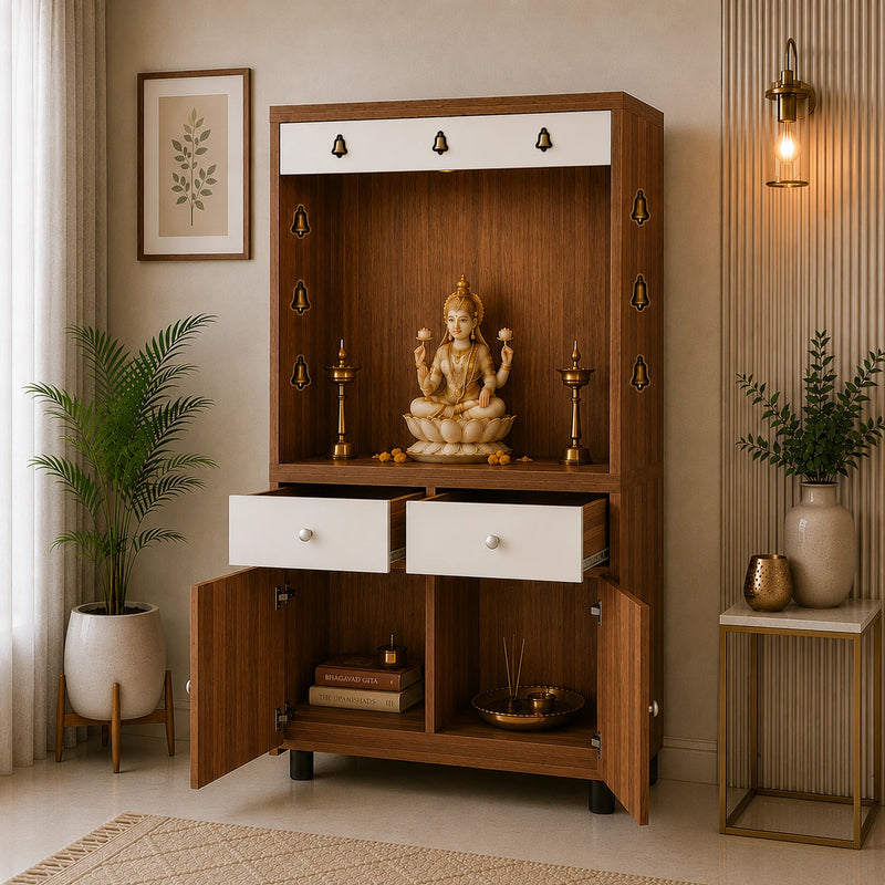 Premium Wooden Floor Temple with Spacious Drawer & Door Storage for Home & Office