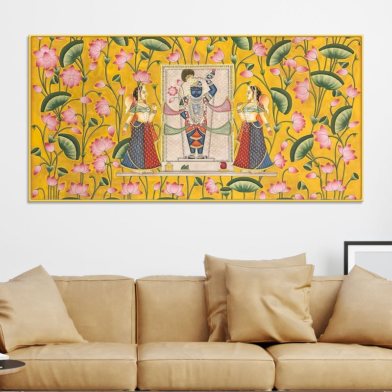 premium-yellow-floral-themed-shreenathji-religious-canvas-pichwai-wall-painting