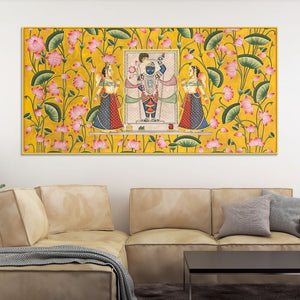 Premium Yellow Floral Themed Shreenathji Religious Canvas Pichwai Wall Painting