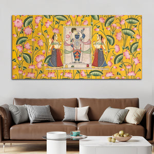 Premium Yellow Floral Themed Shreenathji Religious Canvas Pichwai Wall Painting