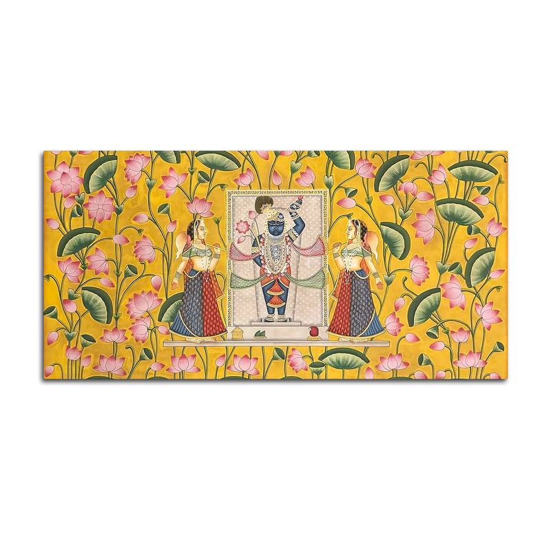 Premium Yellow Floral Themed Shreenathji Religious Canvas Pichwai Wall Painting