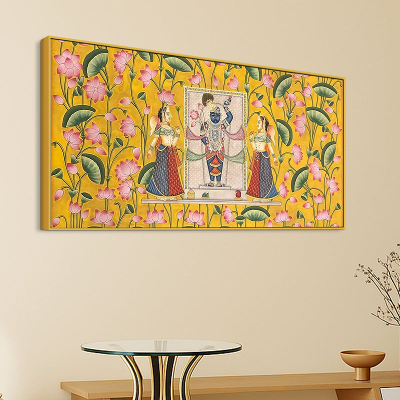 Premium Yellow Floral Themed Shreenathji Religious Canvas Pichwai Wall Painting