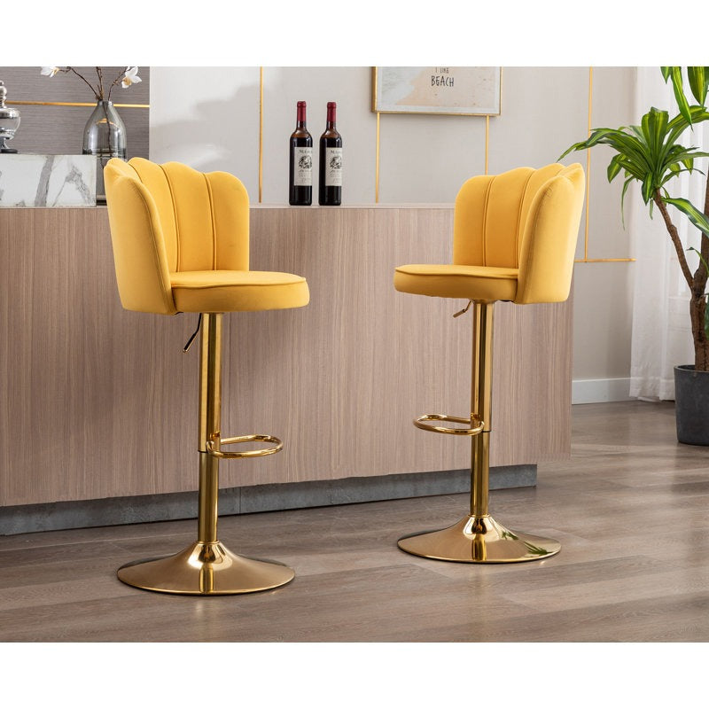 Premium Yellow Velvet Lounge Bar Stools with Glamorous Golden Frame