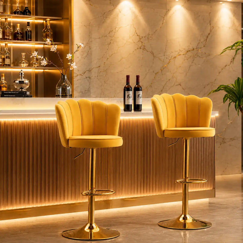 Premium Yellow Velvet Lounge Bar Stools with Glamorous Golden Frame