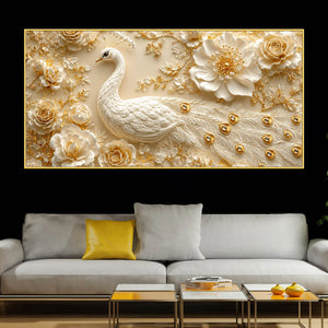 Prepossessing White Peacock and Golden Rose Bloom 3D Canvas Wall Painting