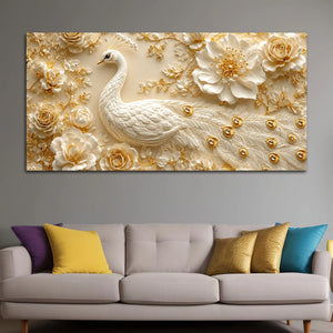Prepossessing White Peacock and Golden Rose Bloom 3D Canvas Wall Painting