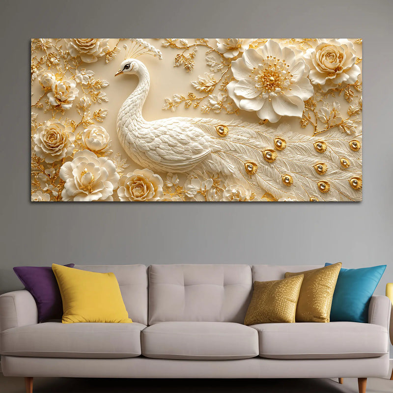 Prepossessing White Peacock and Golden Rose Bloom 3D Canvas Wall Painting