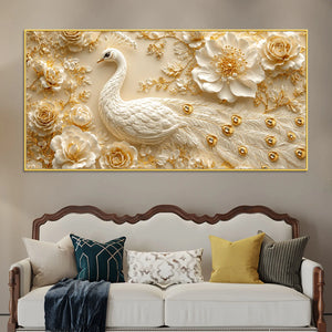Prepossessing White Peacock and Golden Rose Bloom 3D Canvas Wall Painting